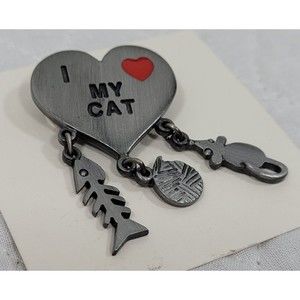 GCI Brooch Pin I love My Cat Vintage Pewter With Yarn Fish Mouse Dangle Charms